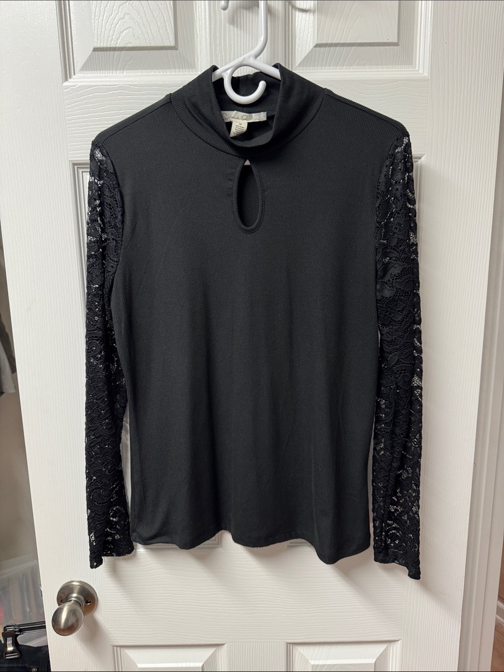 Chinese Laundry Black Mock Neck Top with Lace Sleeves and Keyhole